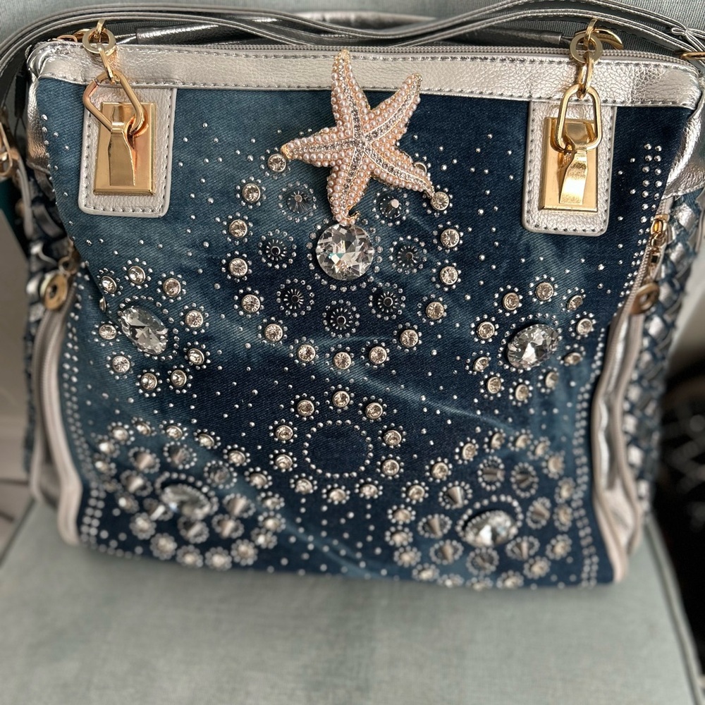 Denim & Silver Rhinestone & Starfish Embellish Crossbody Bag